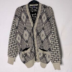Vintage 90s Alibaf Cream Black Jacquard Button Up Knit Cardigan L Dadcore